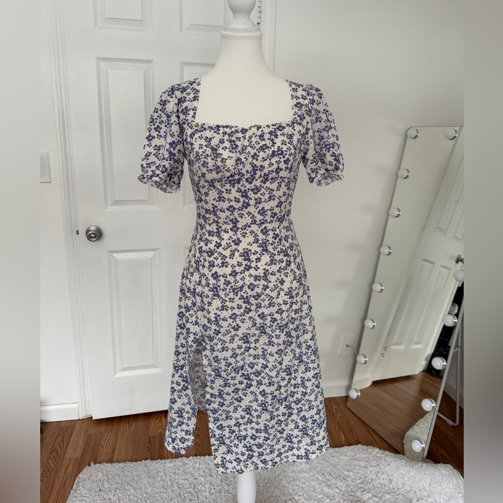SHEIN Floral Midi Dress Puff Sleeve Square Neck Blue White